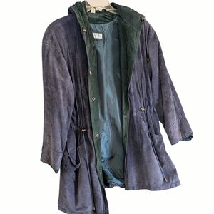 Vintage 100% Genuine Suede Leather Parka | Hooded Charcoal & Forest Green Jacket